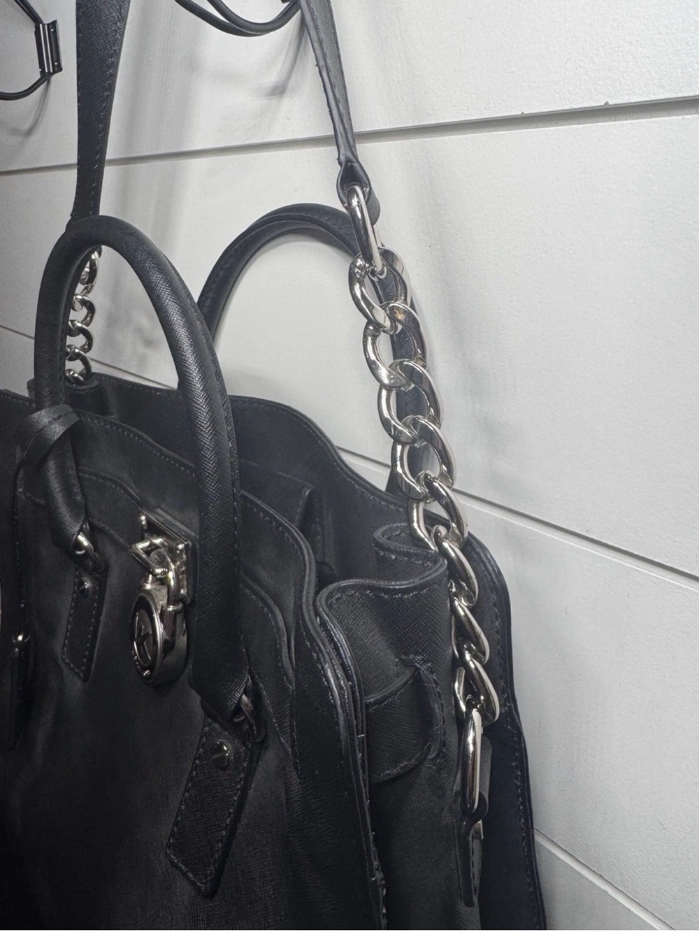 Michael Kors Hamilton Large Satchel Purse Black Saffiano Leather Silver Hardware - Picture 3 of 10